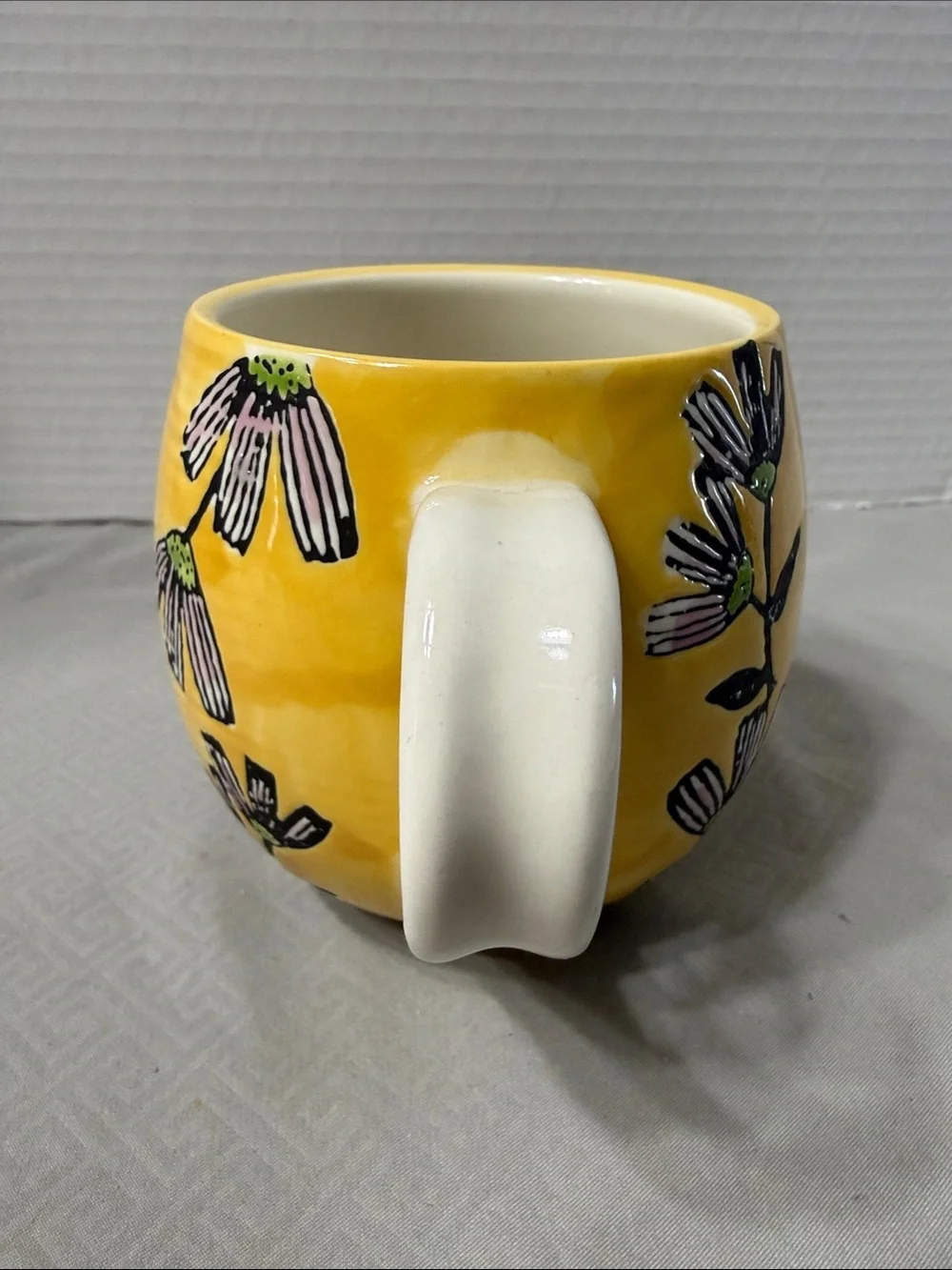 Vintage Potter’s Studio Boho Ceramic Mug Cup Yellow Floral Pattern Hand Painted